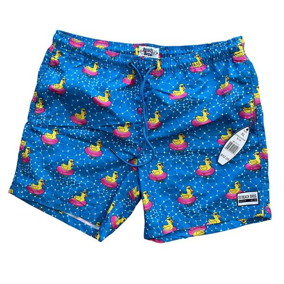 NWT Beach Bros Swim Trunks Men's XL Blue Lined Board Shorts Pink Duck Tube Print - Picture 1 of 10